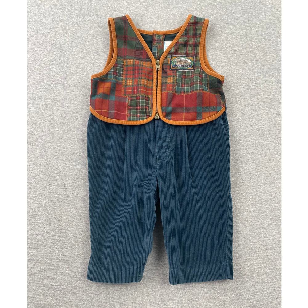 Vintage 90s Baby One-Piece Corduroy Romper w/ Plaid Vest 6-9 months Outdoor